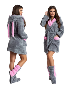 Жіночий халат махровий з вушками сірий короткий і домашні чобітки