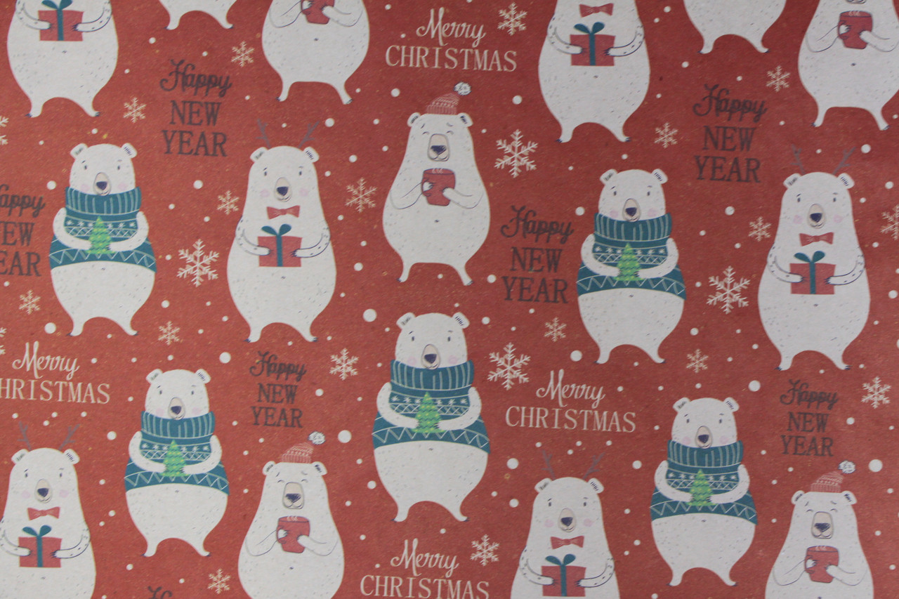 Папір крафт розмір 1 метр 70 см для упаковки новорічного подарунка червона з малюнком ведмедика 1 шт, фото 1
