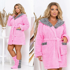 Рожевий теплий махровий халат короткий з вушками і чобітки