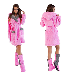 Жіночий сіро-рожевий махровий халат з плюшевої махри і чобітки