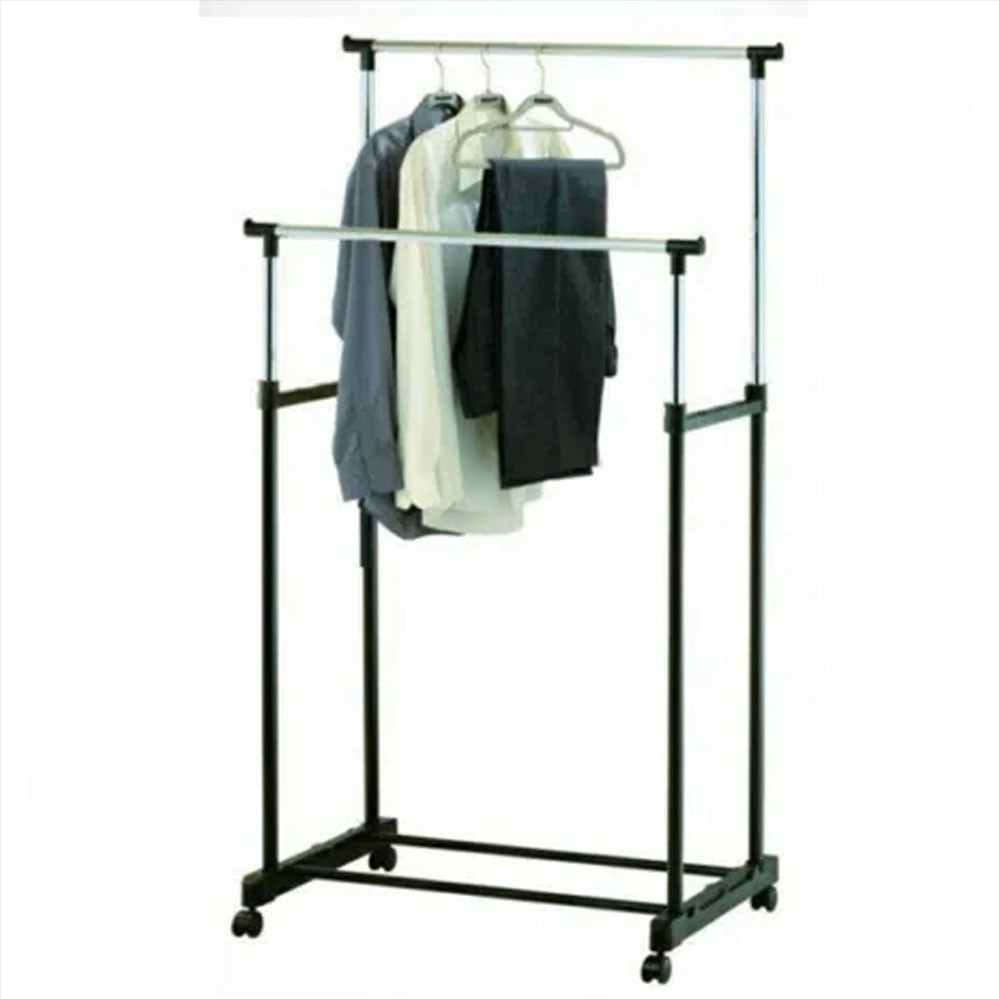 Стійка вішалка для одягу Mini підлогова металева на колесах для будинку телескопічна пересувна подвійна, фото 1