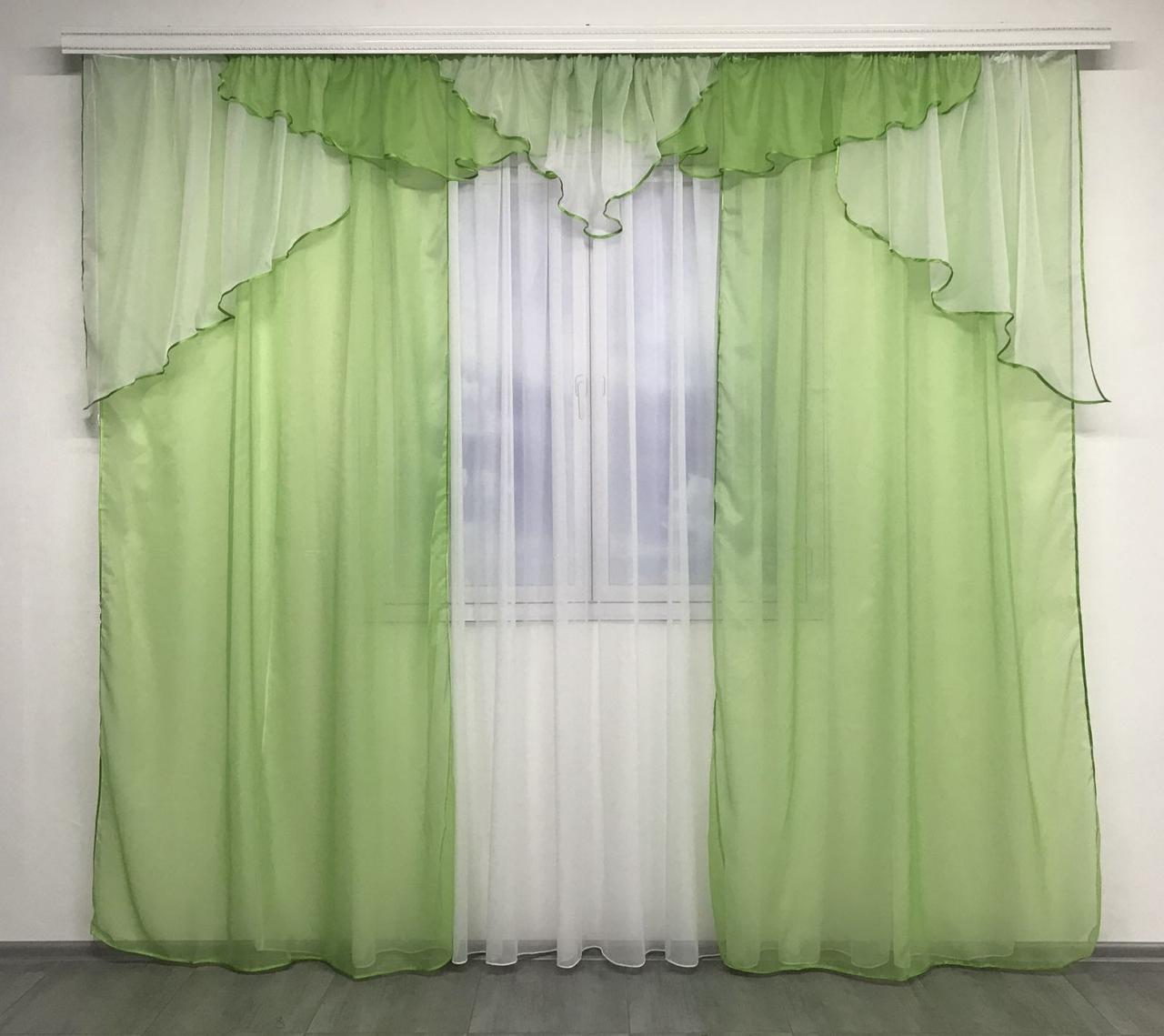 Комплект штор з ламбрекеном з шифону, штори з ламбрекеном у вітальню Салатовий LS-295-8, фото 1
