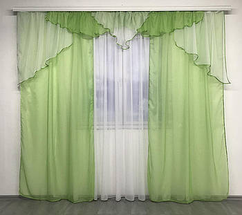 Комплект штор з ламбрекеном з шифону, штори з ламбрекеном у вітальню Салатовий LS-295-8