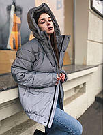 Женская зимняя куртка дутая оверсайз рефлектив ЗИМА с капюшоном теплая Турция. Живое фото. 4 цвета