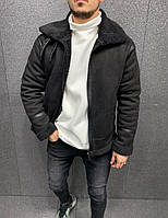 Замшевая дубленка зимняя черная мужская с мехом на молнии Турция куртка мужская ( Дубленки мужские PREMIUM ) M