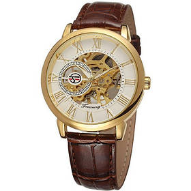 Чоловічий годинник, механіка - Skeleton (Скелетон) Forsining 8099 Brown-Gold-White