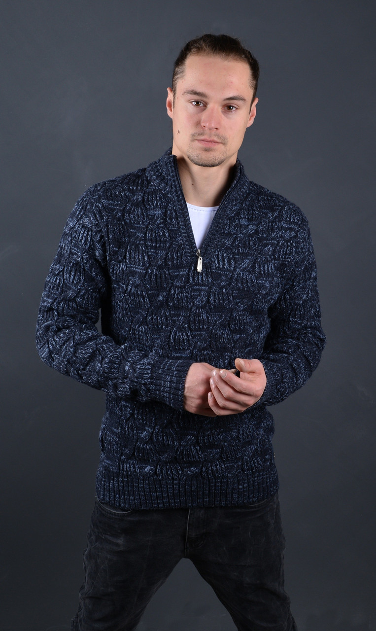 Чоловічий теплий светр із коміром на блискавці темно-синій Туреччина 7075, фото 1