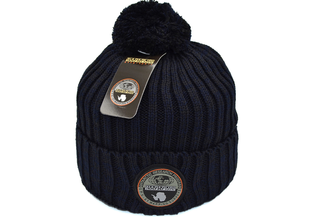 Шапка з помпоном Flexfit Napapijri 55-59 см Тёмно-синий меланж (F-0918-163)