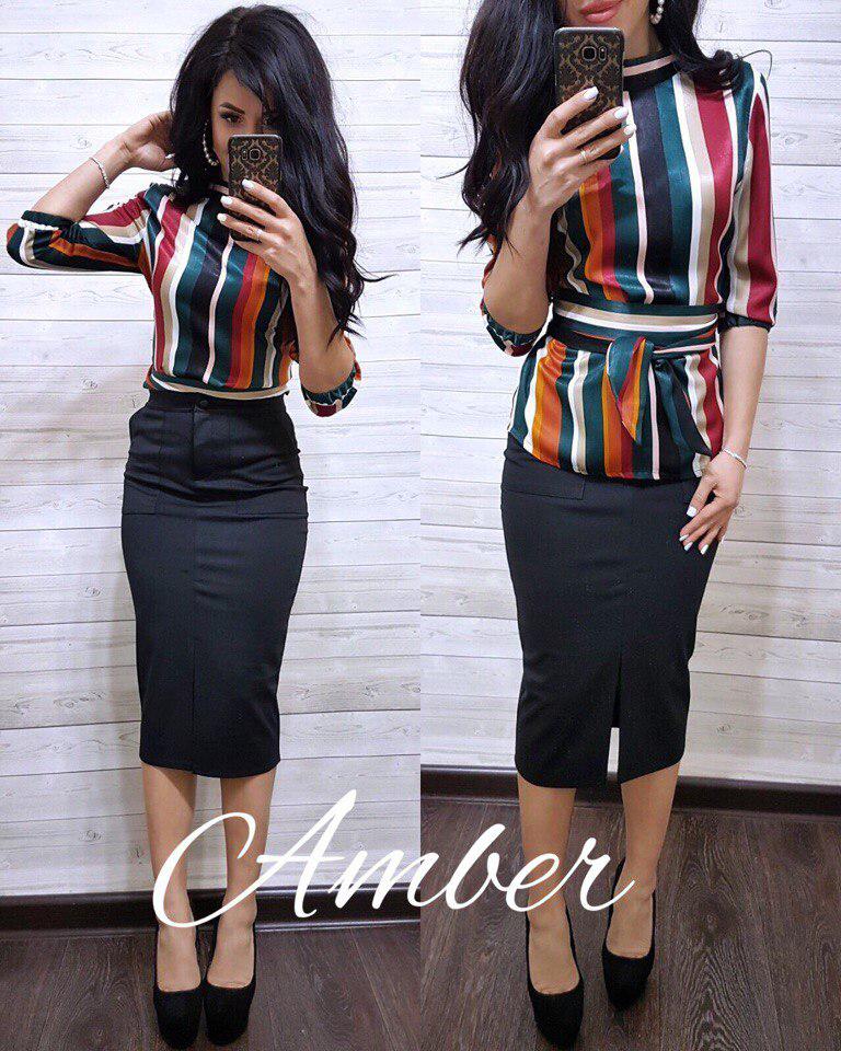 Костюмчик блуза в смужку та спідниця з розрізом