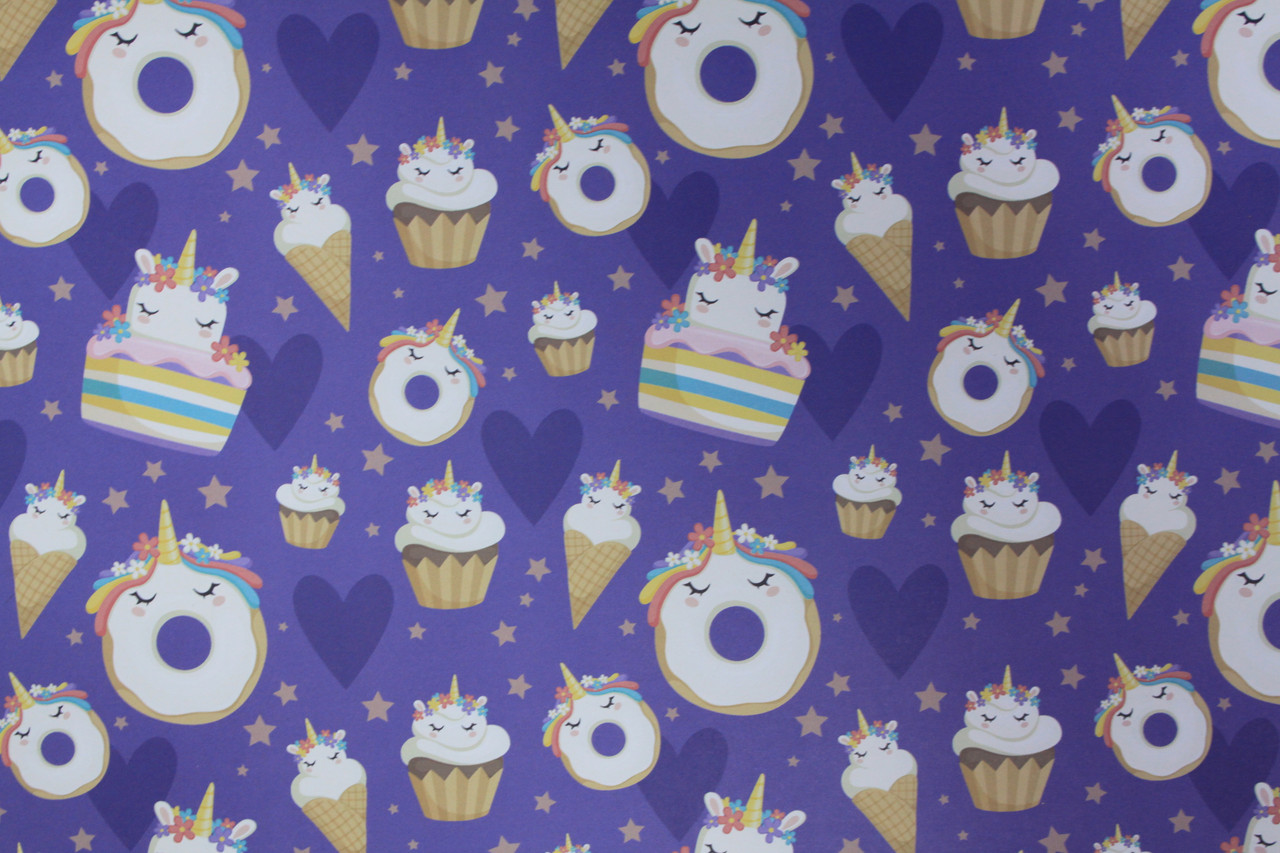 Папір розмір 1 метр 70 см для упаковки подарунків з малюнком єдиноріжки і пончики, фото 1