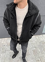 Зимняя замшевая дубленка черная мужская с мехом на молнии Турция куртка мужская ( Дубленки мужские PREMIUM )
