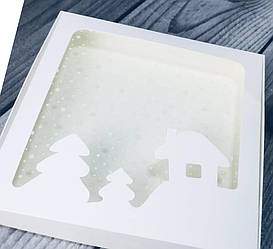 Коробка для печива, пряників з вікном, 20 см х 20 см х 3 см, мілований картон Біла з будиночком