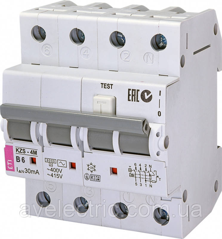 Дифференциальный автоматический выключатель KZS-4M 3p+N C 32/0,03 тип AC (6kA), ETI, 2174027