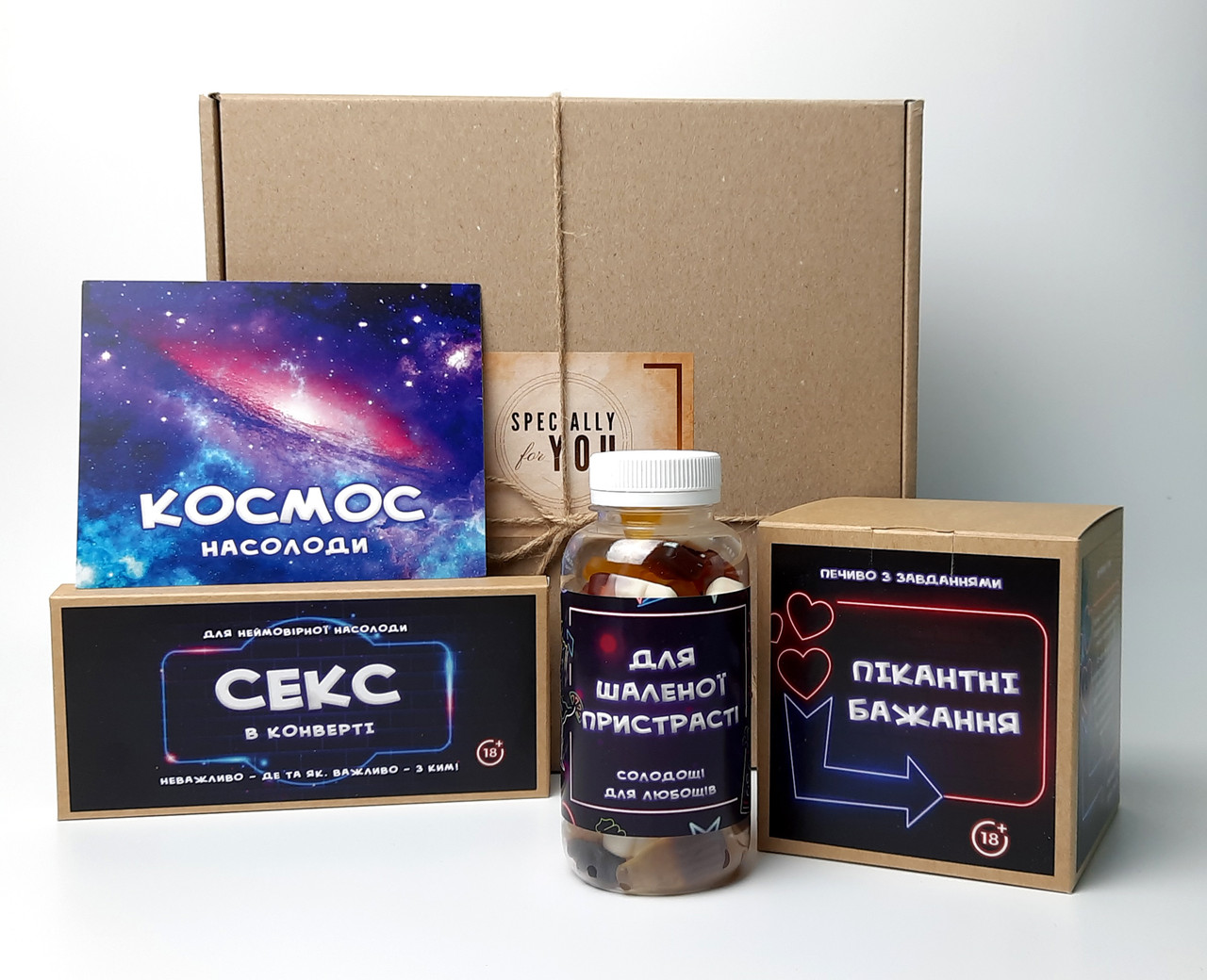 Для дорослих набір "Неяста пристрасть": секс у конверті, печиво-інтимні фанти, цукерки для пристрасті, листівка, фото 1
