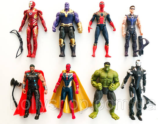 Ігрові фігурки місткі "Avengers", набір із 8 головних героїв — 17 см, світло, рухомі., фото 1