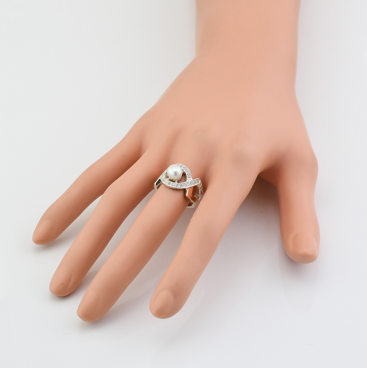 Кольцо серебряное женское с золотыми пластинами Луиза вставка иск. жемчуг белые фианиты размер 19 - фото 4 - id-p1105407319