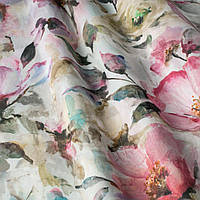 Декоративні тканини рожеві квіти з зеленим листям на білому тлі Іспанія 87877v7