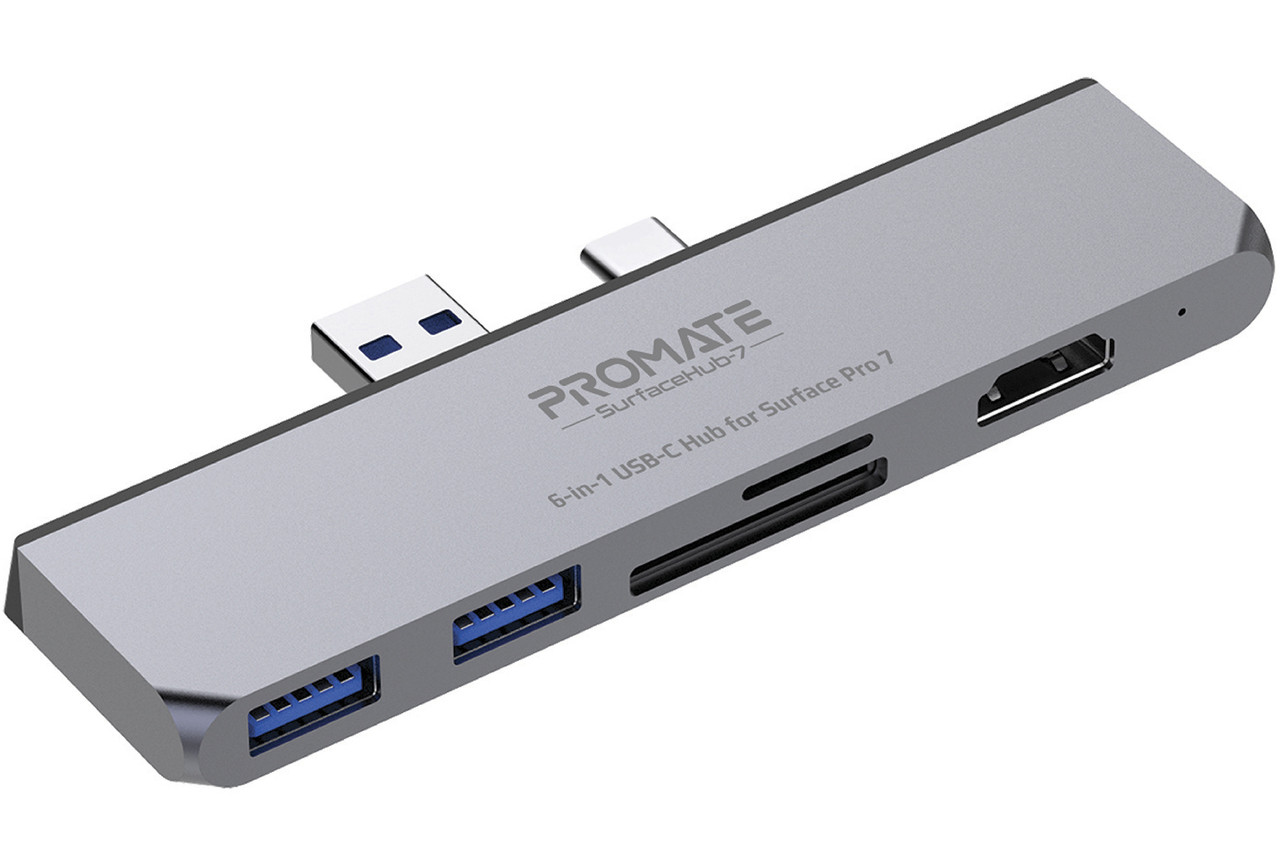 USB-C хаб 6-в-1 Promate SurfaceHub-7 HDMI/2xUSB 3.1/USB-C 3.1/SD/MicroSD Grey (surfacehub-7.grey)