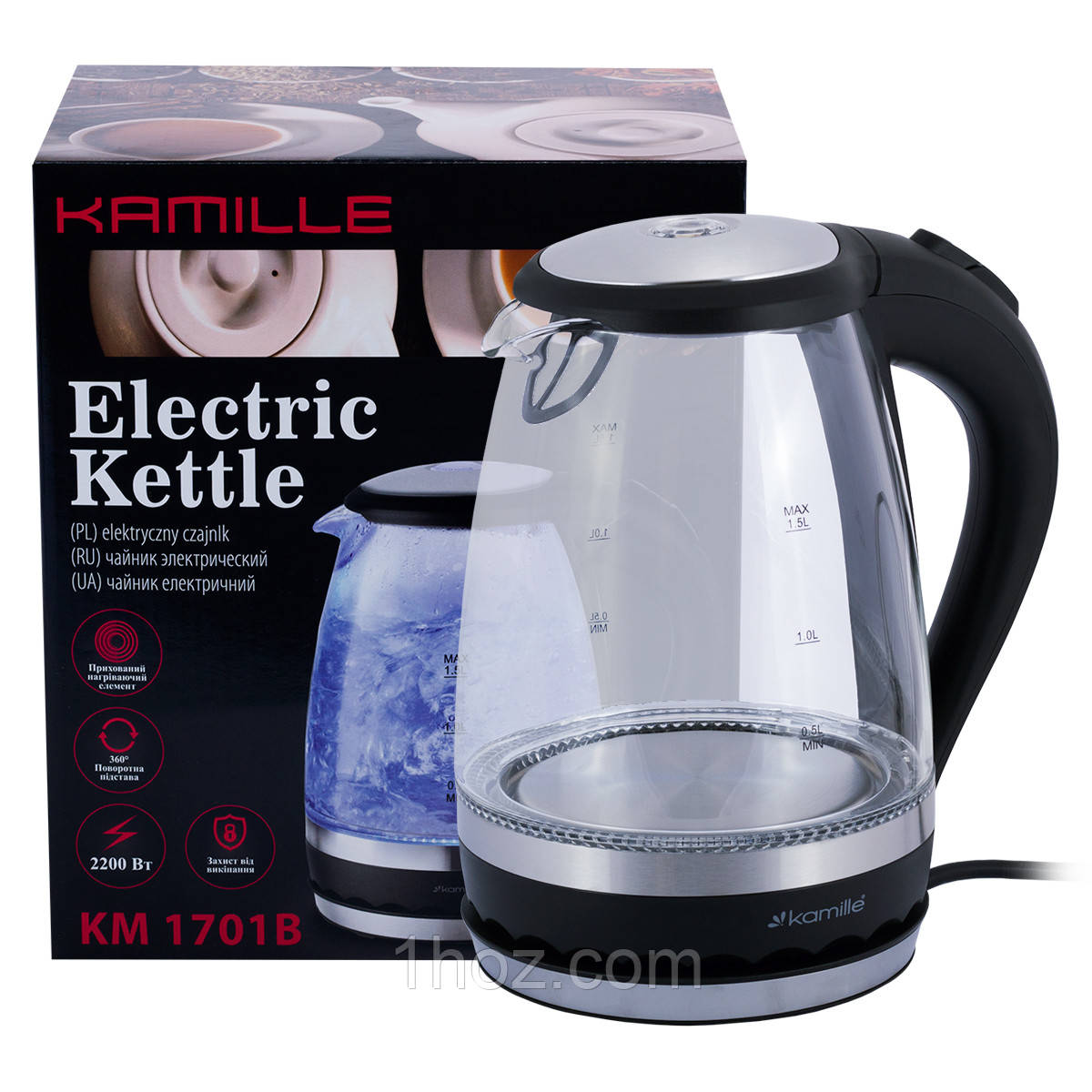 Чайник електричний Kamille 1.5 л з синім LED-підсвічуванням і сталевими декоративними вставками KM-1701B, фото 1