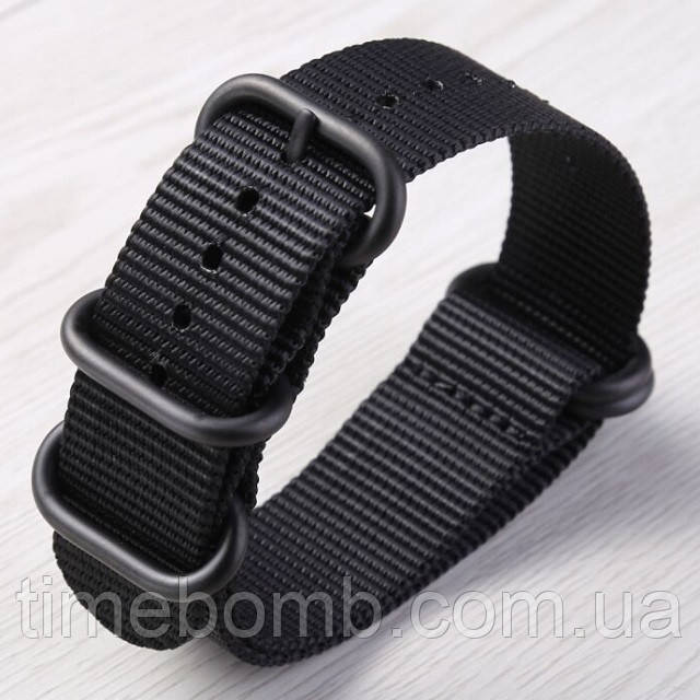 Чорний нейлоновий ремінець ЗУЛУ для годинника з чорною пряжкою 20 мм