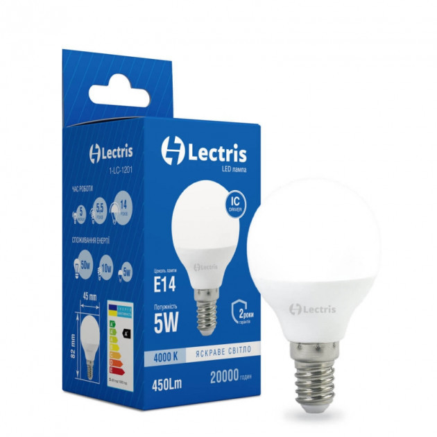 Лампочка світлодіодна Lectris Led 1-LC-1201 G45 5W 4000K 220V E14