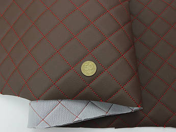 Шкірзам коричневий (прошитий червоною ниткою) для автомобілів дубльований поролоном та сіткою «Квадрат» ш-145см