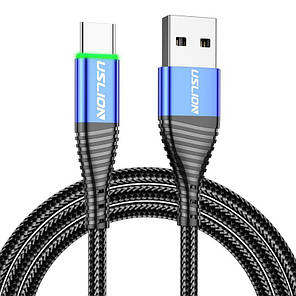 Кабель з підсвіткою Uslion USB — Type C Led 3 A 2 м Blue (для китайських телефонів), нейлон, фото 1