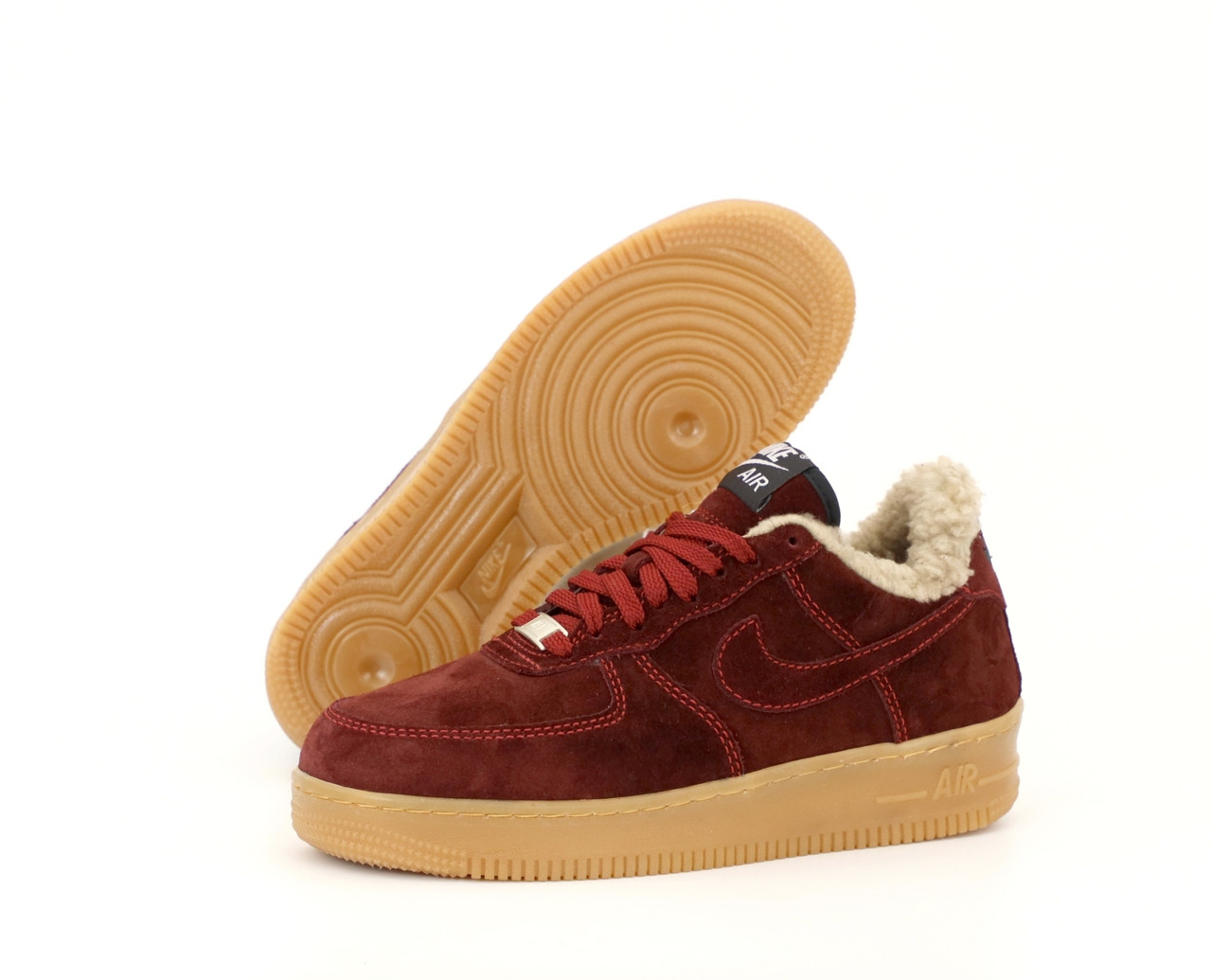 Зимние женские кроссовки Nike Air Force с мехом. Бордовые. ТОП Реплика ААА класса.