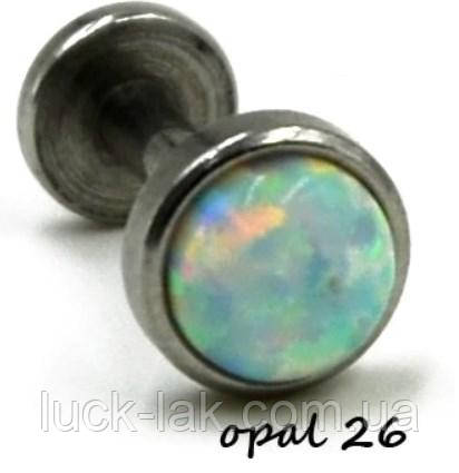 Лабрет, пірсинг з опалом, медсплав штанга 6 або 8 мм на вибір, фото 1