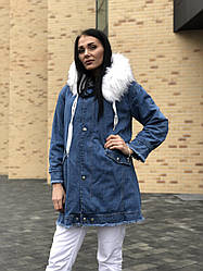 Зимова жіноча джинсова куртка парка оверсайз з хутром