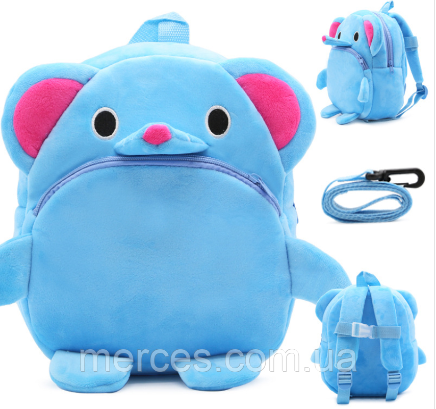 Дитячий рюкзак зі страхувальним ремінцем Блакитна Шиншила малюкам малий для садка м'який велюр унісекс, фото 1