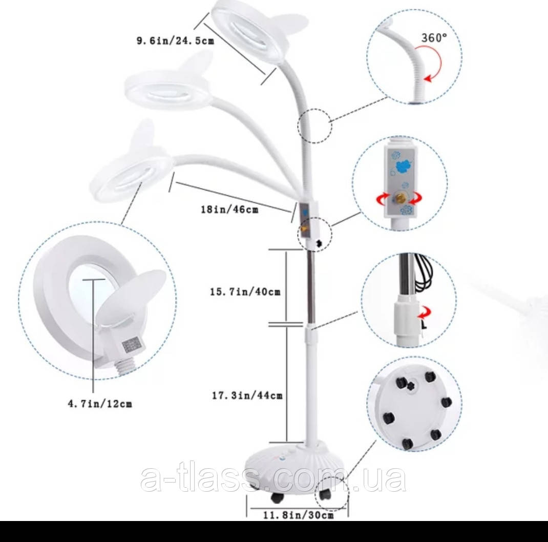 Лампа лупа напольная гофра на колесах с LED диодами регулировкой света и высоты 5 диоптрий - фото 6 - id-p1298641185