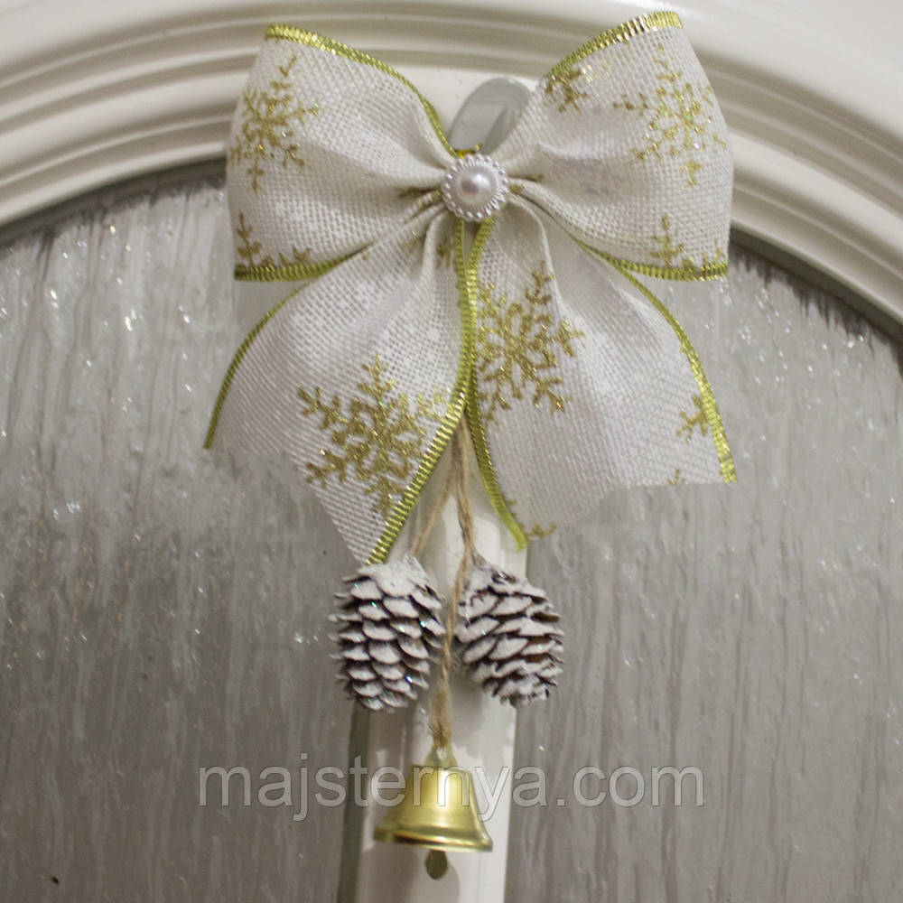 Бант біло-злотистий з дзвіночком, новорічний декор, фото 1