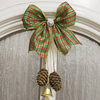 Бант червоно-зелений в кліточку з дзвіночком, новорічний декор