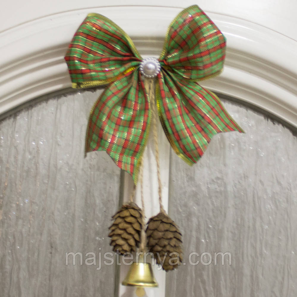 Бант червоно-зелений в кліточку з дзвіночком, новорічний декор, фото 1