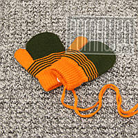 Зимние детские 1-2 года вязаные двойные толстые варежки рукавички для малышей с флисом внутри 8035 Оранжевый