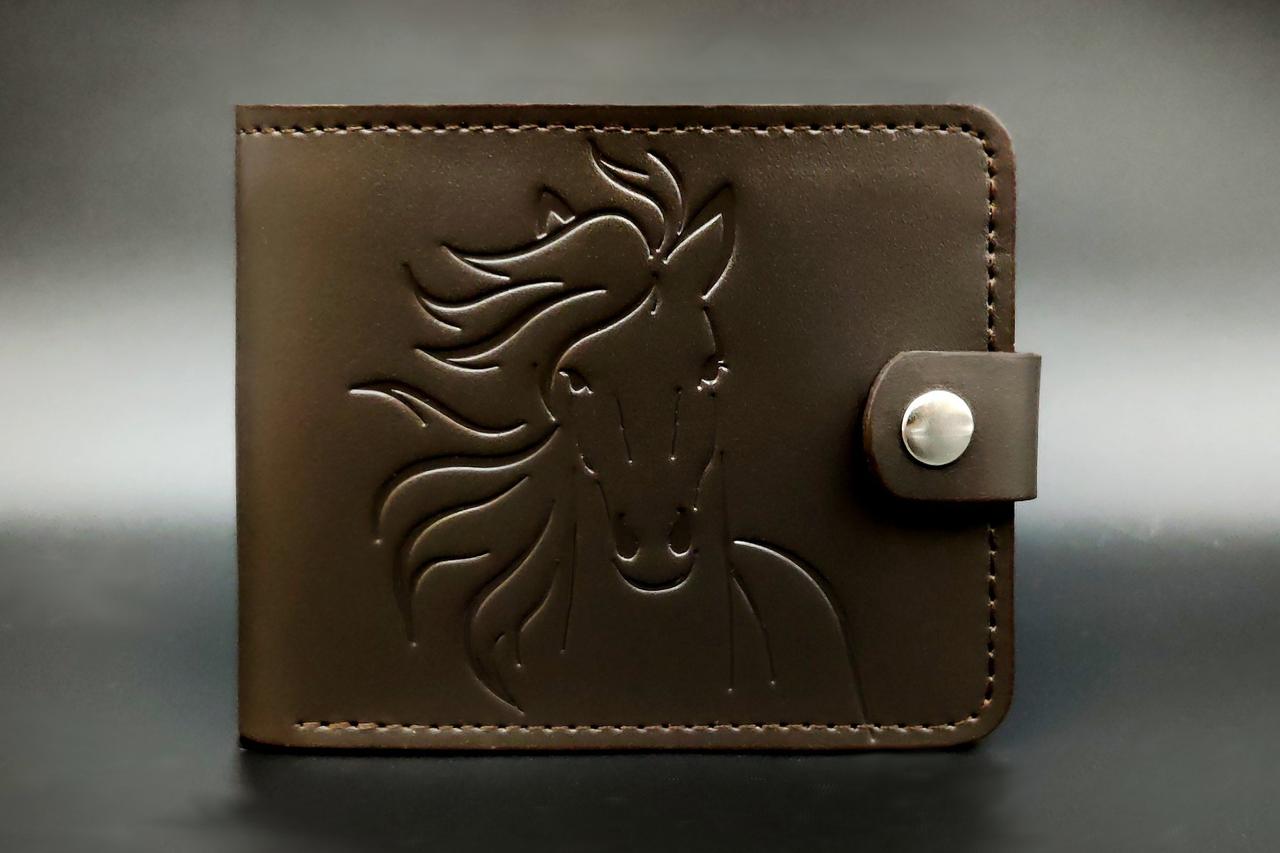 Портмоне-гаманець №3 з відділенням для фото тиснення Коня темно-коричневого кольору