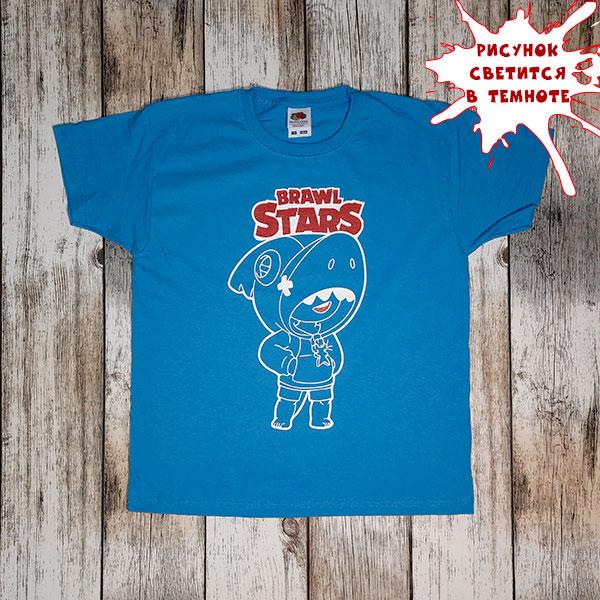 Зріст 128-134 - Світлонакопичувальна дитяча футболка "Бравл Старс" оверсайз (блакитний) для дітей, принт світиться в темряві