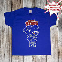 Рост 128-134 Детская светящаяся футболка с принтом Бравл Старс оверсайз (синий) для детей, мальчиков и девочек