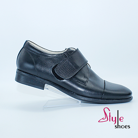 Підліткові туфлі на липучках для хлопчиків зі шкіри чорного кольору «Style Shoes»