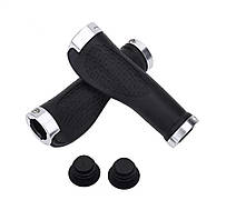 Грипси каучукові, ручки на кермо велосипеда рифлені із заглушками та замками в чорно-срібному кольорі