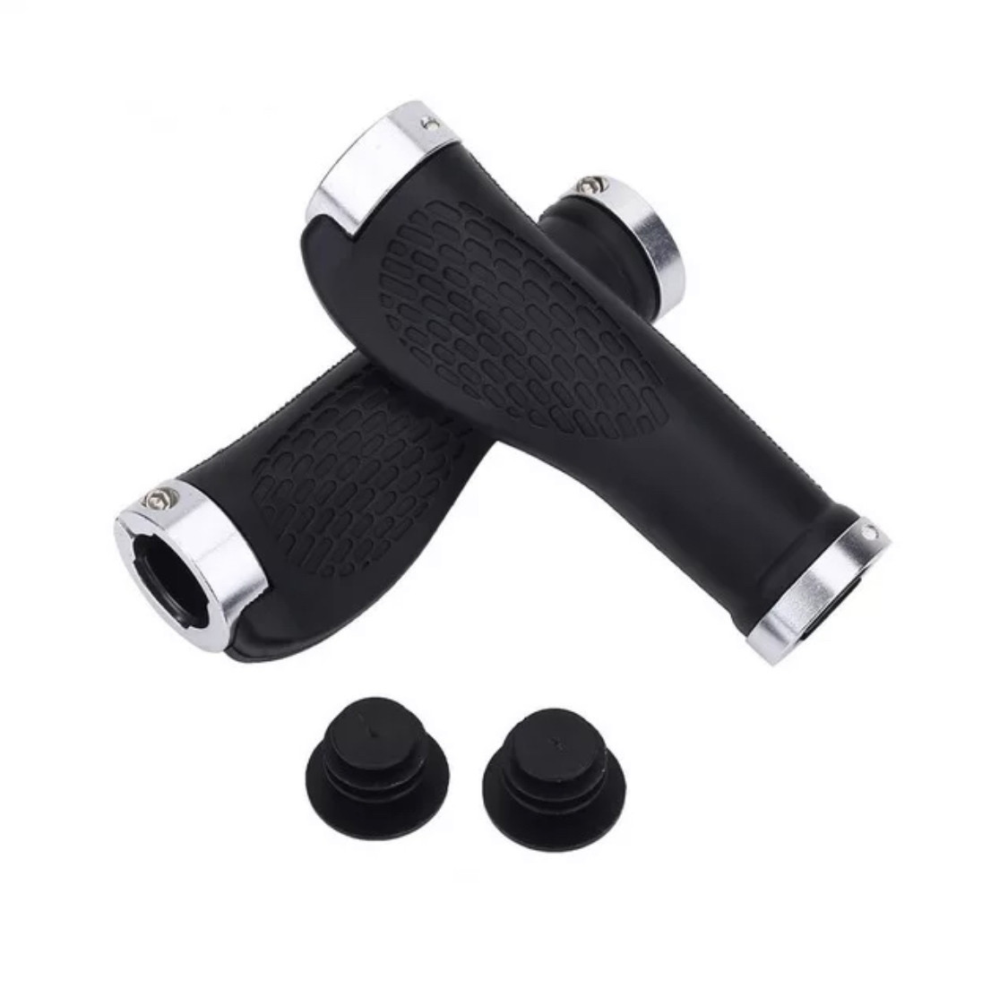 Грипси каучукові, ручки на кермо велосипеда рифлені із заглушками та замками в чорно-срібному кольорі, фото 1
