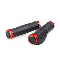 Грипси каучукові, ручки на кермо велосипеда рифлені із заглушками та замками в чорно-червоному кольорі