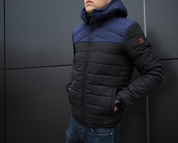 Чоловіча куртка зимова чорна з синьою вставкою. Куртка тепла. Розміри (S,M,L,XL), фото 1