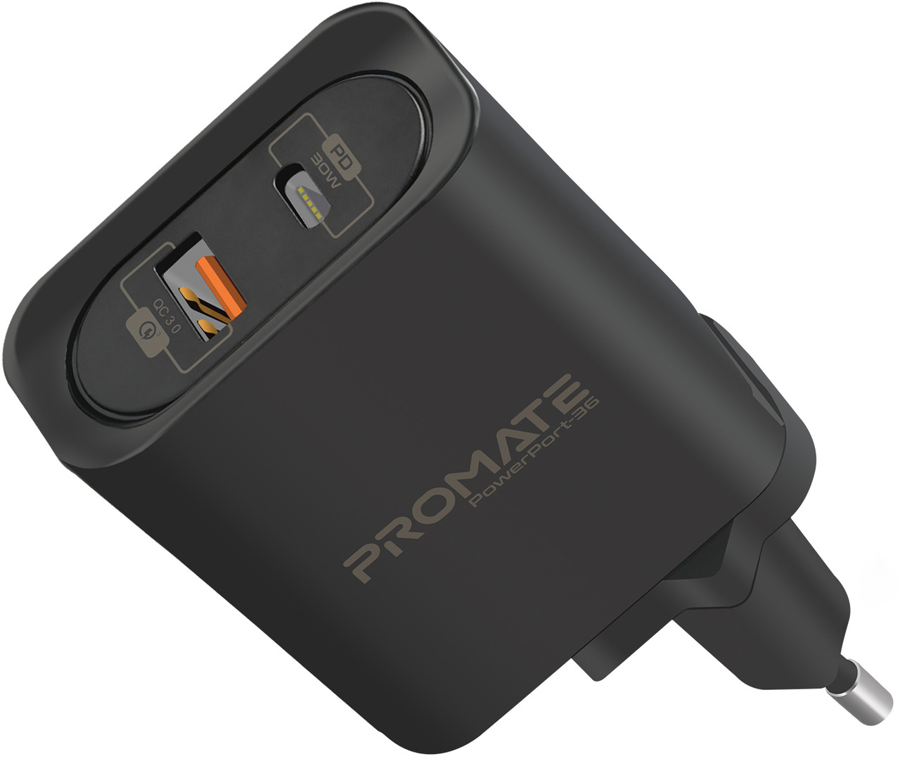 Мережевий зарядний пристрій Promate PowerPort-36 36 Вт Type-C PD + USB QC 3.0 Black (powerport-36.black)