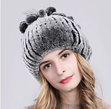Сіра жіноча шапка з хутра кролика Рекс і чорнобурки, фото 2