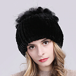 Чорна жіноча шапка з хутра кролика Рекс і чорнобурки, фото 2