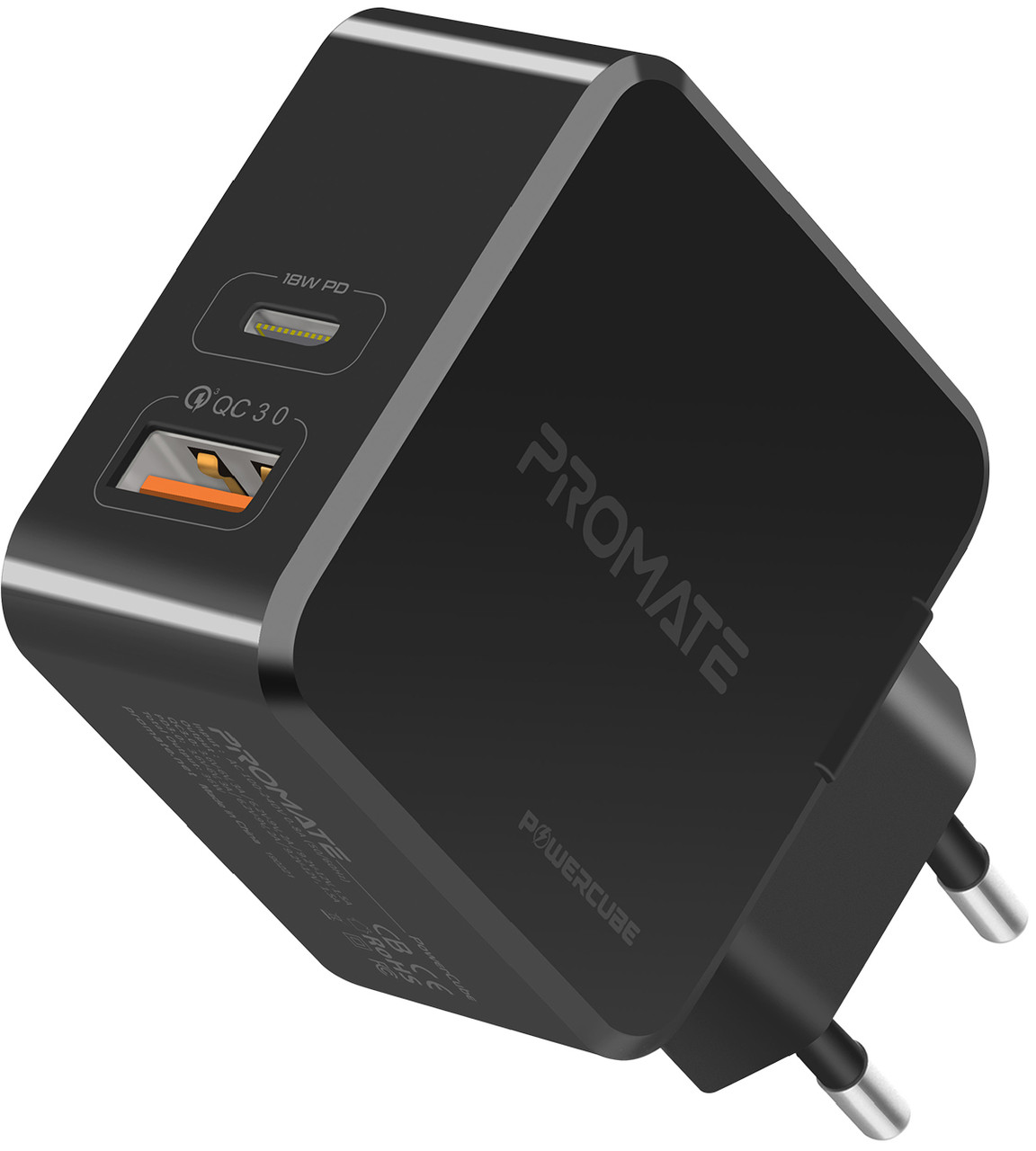 Мережевий зарядний пристрій Promate PowerCube 36Вт Type-C PD + USB QC3.0 Black (powercube.black)