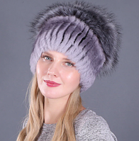 Сіра жіноча шапка з натурального хутра кролика Рекс із помпоном цвіт 1. Різні кольори