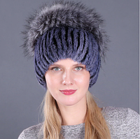 Сіра жіноча шапка з натурального хутра кролика Рекс із помпоном лисиці колір 3. Різні кольори